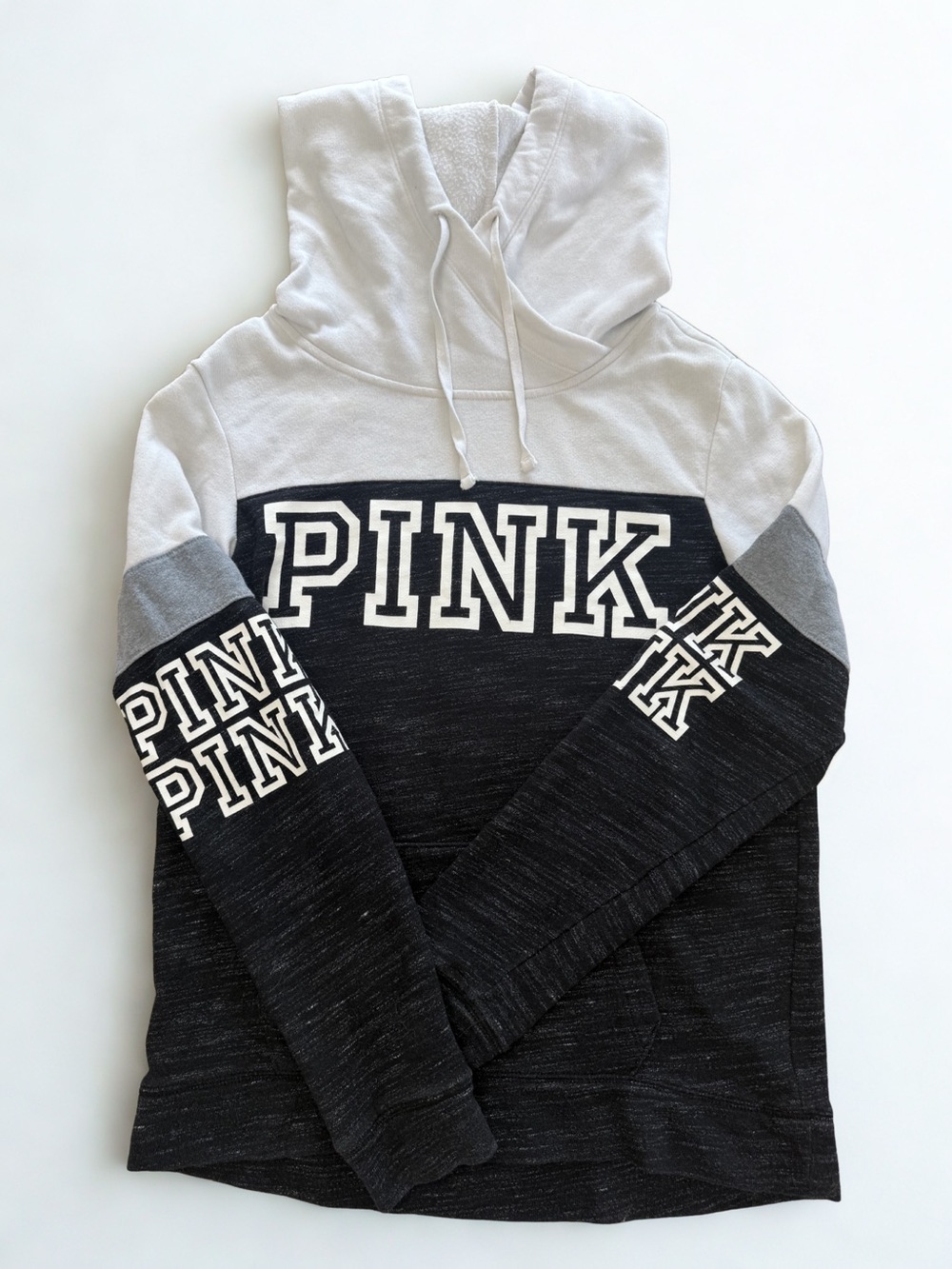 PINK Victoria's Secret Black, White & Gray Colorblock Hoodie Y2K